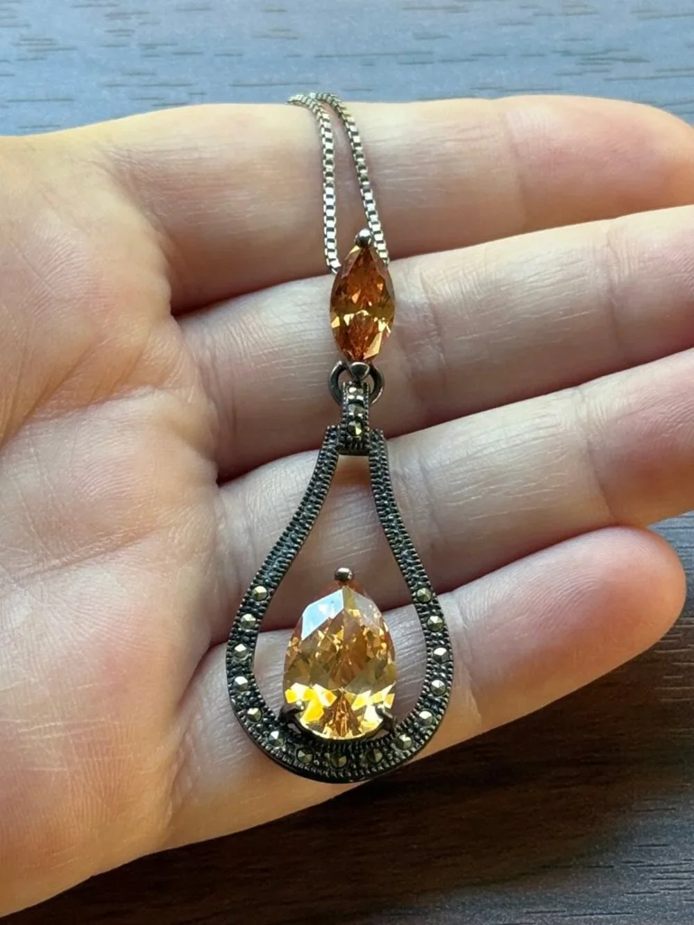 Stunning Art Deco Revival Imperial Topaz Necklace Sterling Silver Marcasite